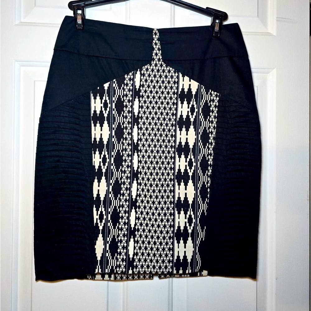 Floreat Anthropologie Woman’s Black Pleated Skirt Abstract Print Panel Size 8